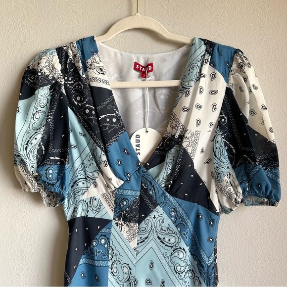 STAUD Milla Midi Dress Patchwork Bandana Capri w/ Short Puff Sleeves & Slit - Picture 5 of 11